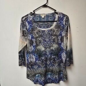 World Unity Womens XL Blue Paisley Rhinestone Embellished 3/4 Sleeve Knit‎ Top